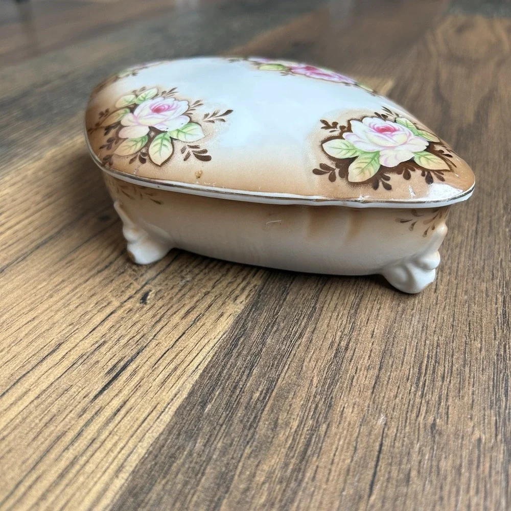 Ucagco Ceramics Japan Brown White Footed Trinket Box Pink Roses